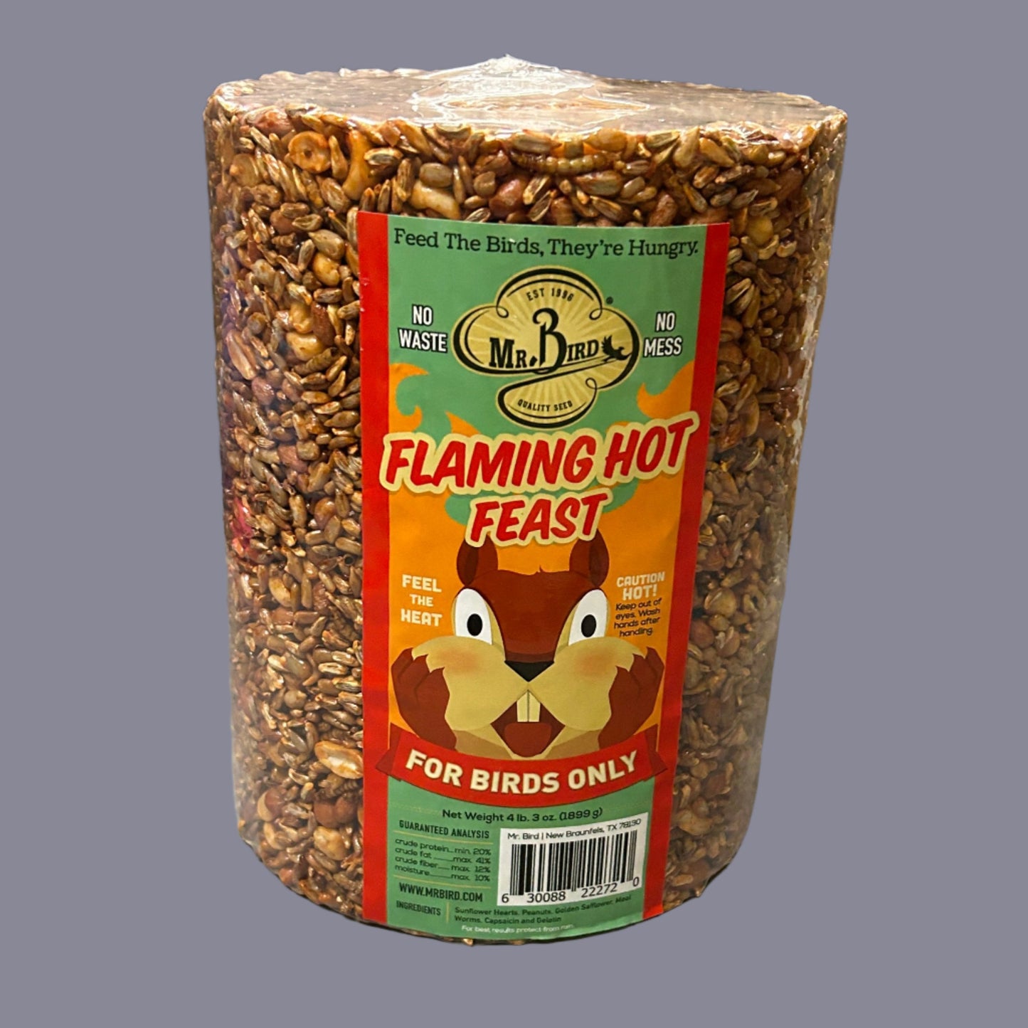 Flaming Hot Feast label on bird feed cylinder 