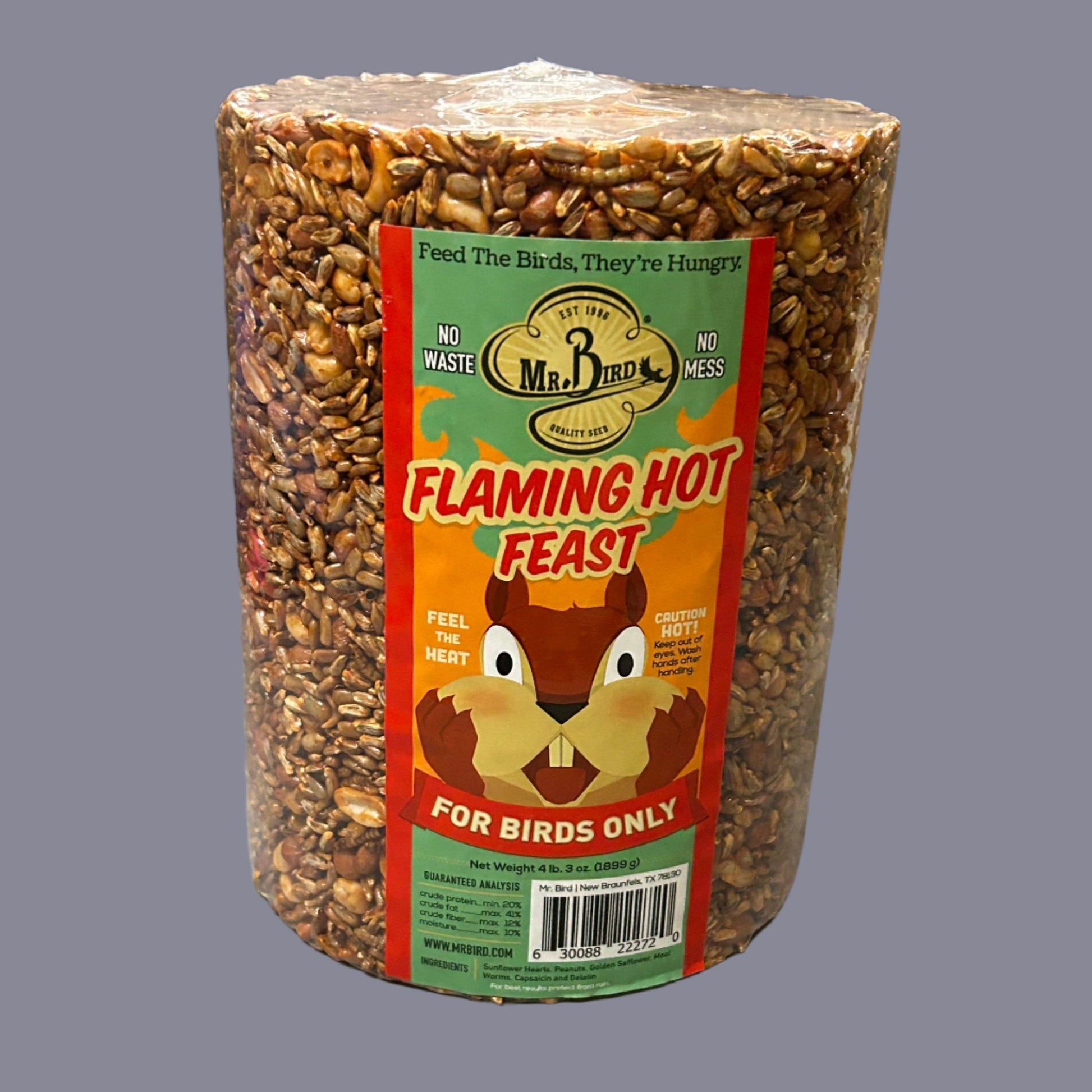 Flaming Hot Feast label on bird feed cylinder 