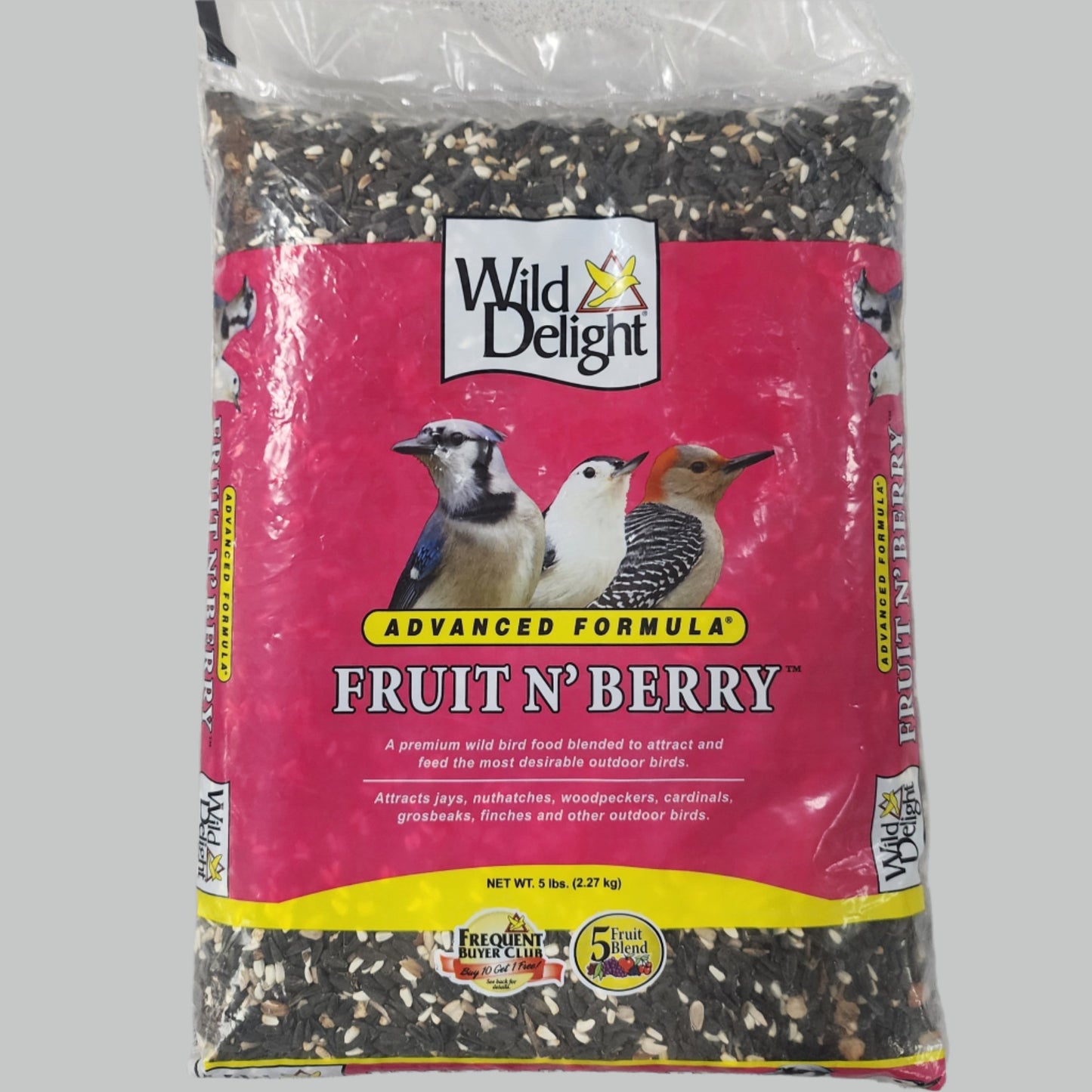 Bag of bird seed with Fruit N' Berry on red label