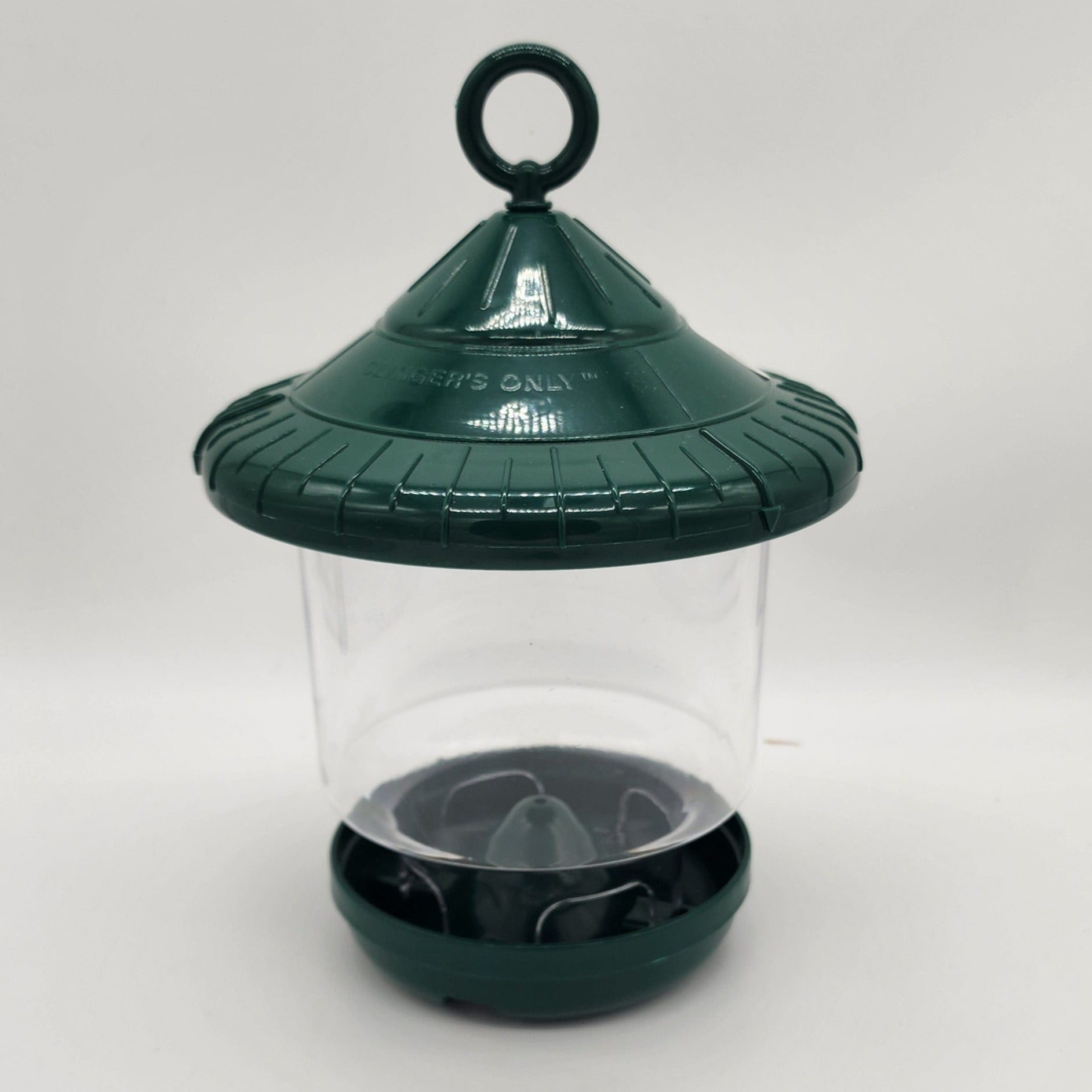 Green plastic top, base and hanging loop with clear hopper
