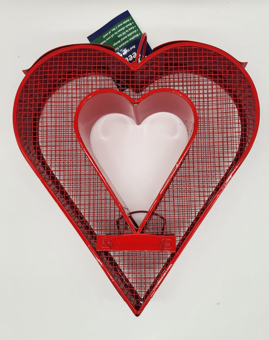 Red heart-shaped wire mesh bird feeder