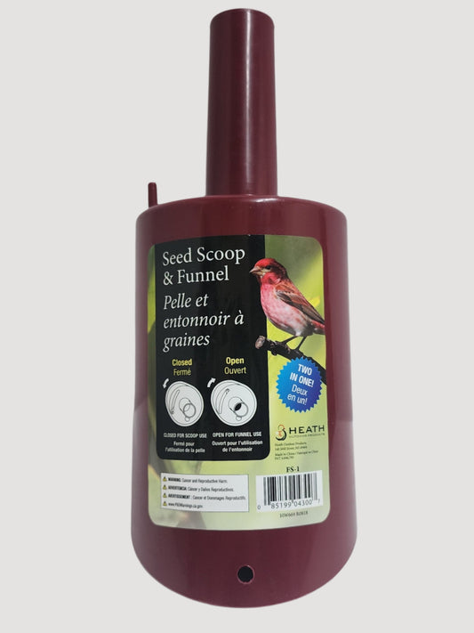 red seed scoop and funnel with label