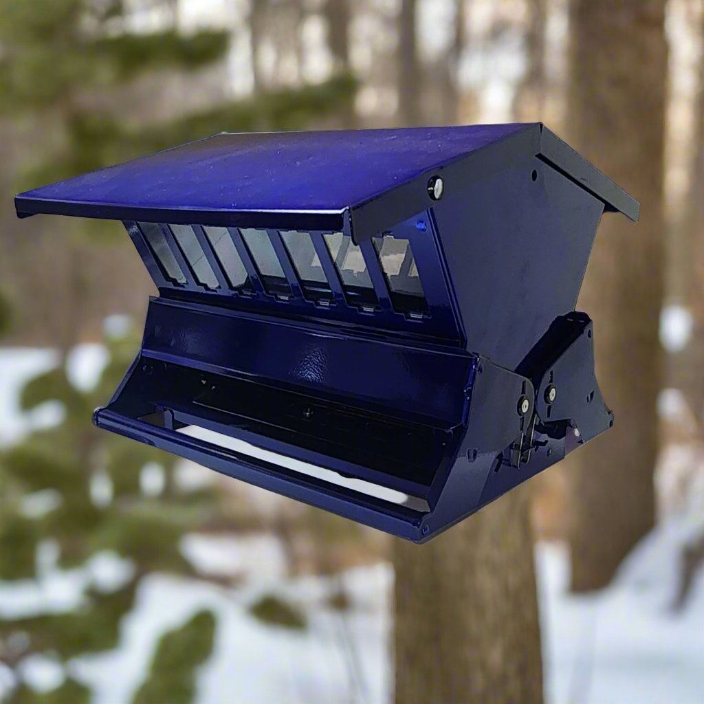Blue, metal, double-sided bird feeder