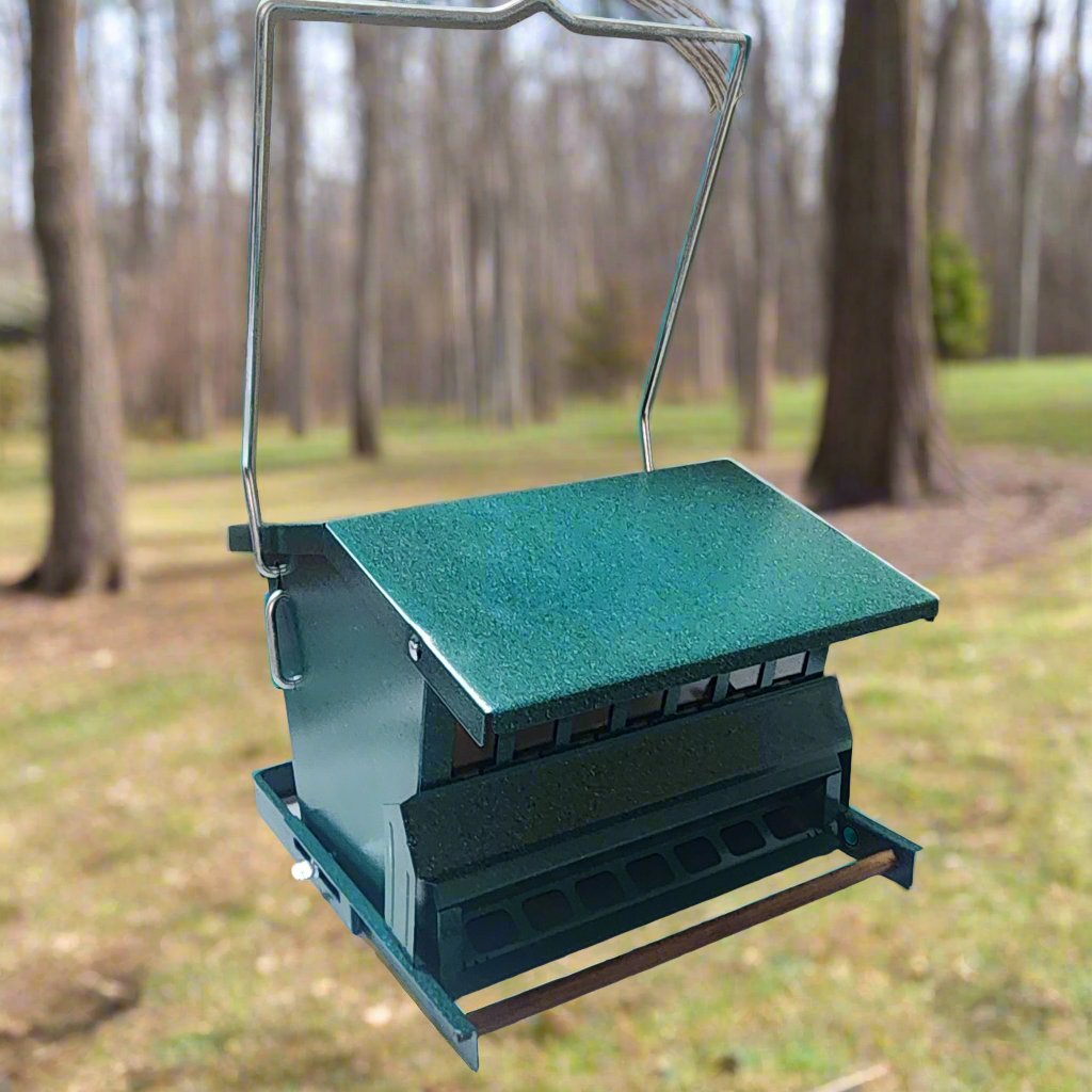 Green metal bird feeder with silver hanger