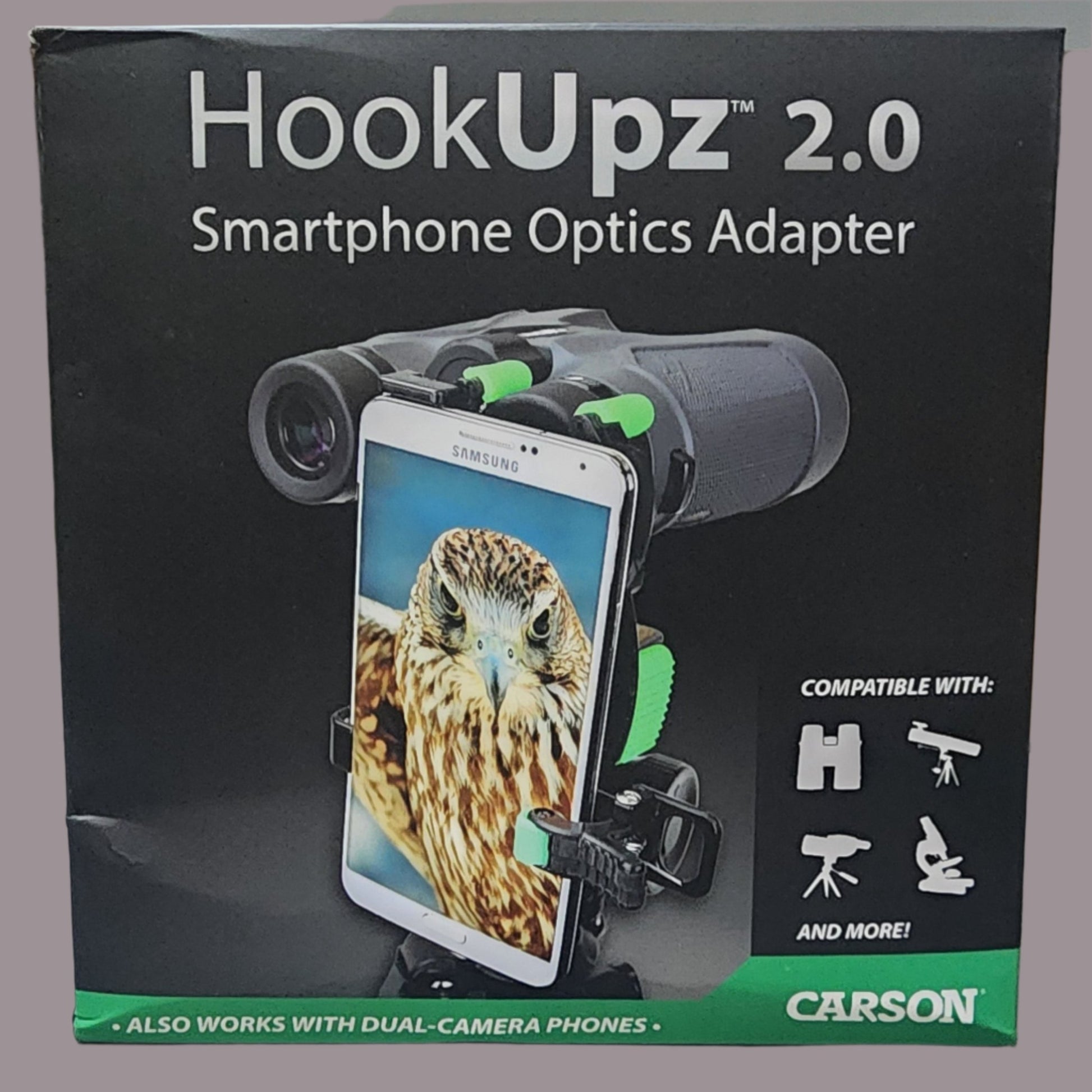 Black box with HookUpz 2.0 with binoculars and cellphone