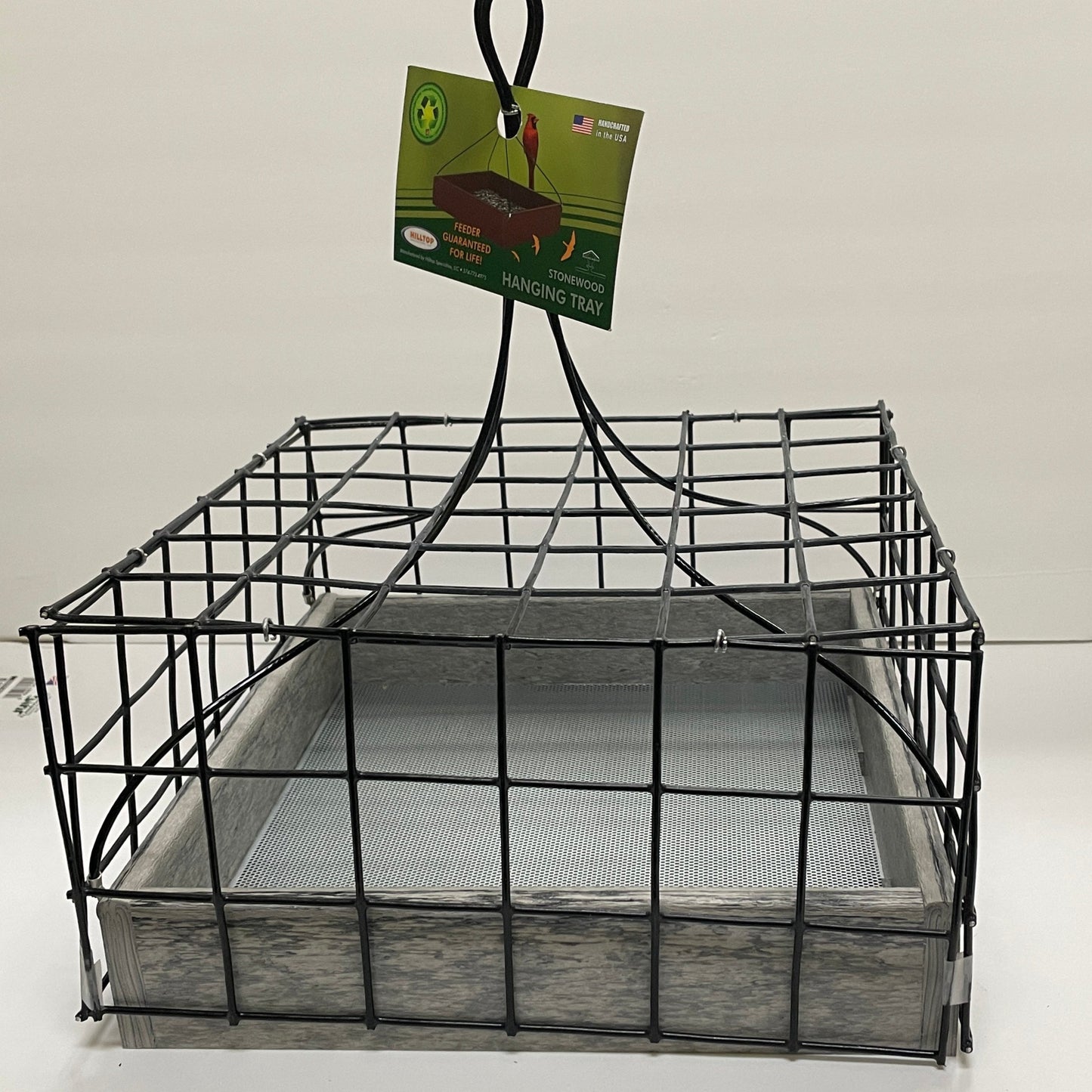 Gray Hanging Tray feeder with black dove guard
