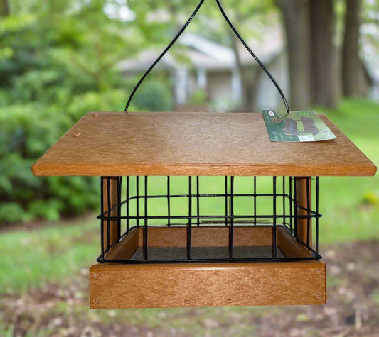Brown fly through feeder with black dove guard attached.