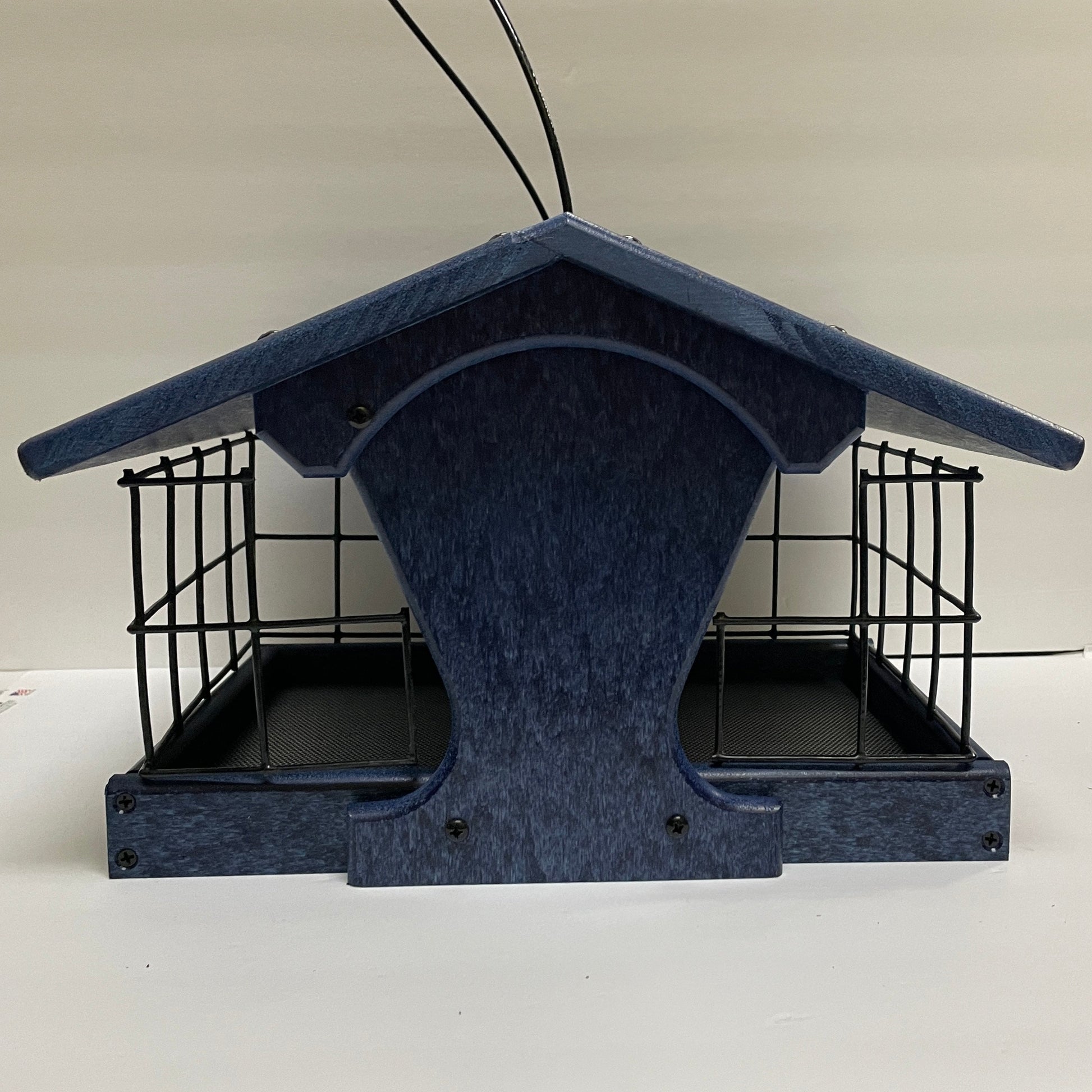 Blue bird feeder with black wire dove guard