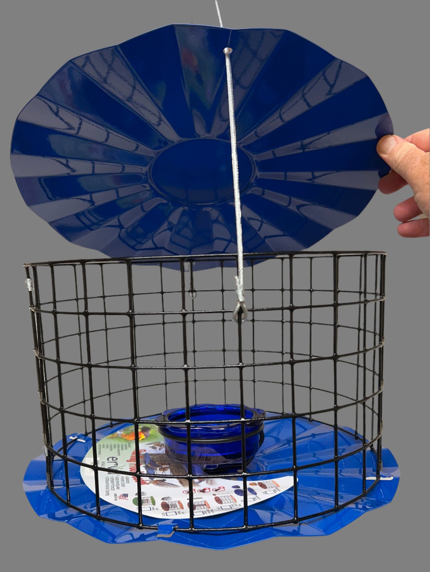 Blue top and base with black wire caged feeder and roof raised
