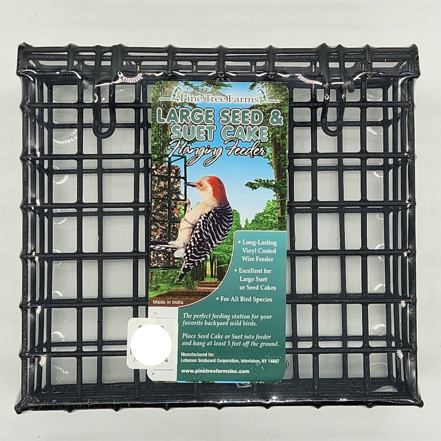 Black wire suet cage with woodpecker on label