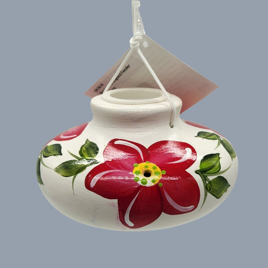 White Ceramic Feeder with painted red flowers