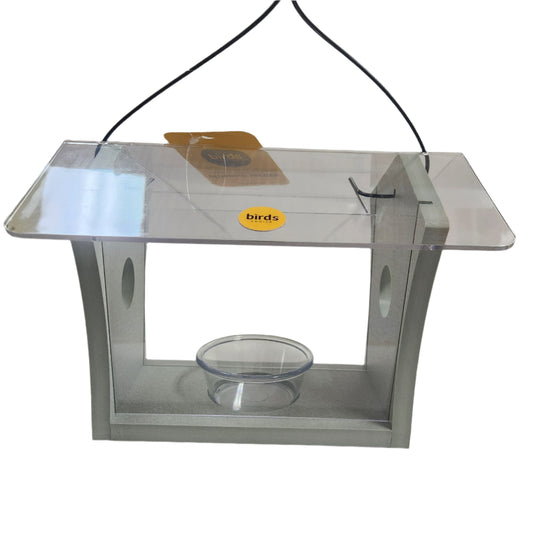 gray feeder with plexiglass sides, top and dish