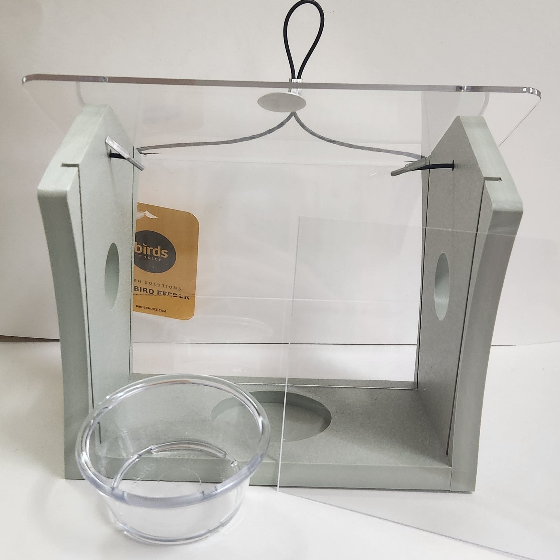 gray feeder with plexiglass sides, top and dish