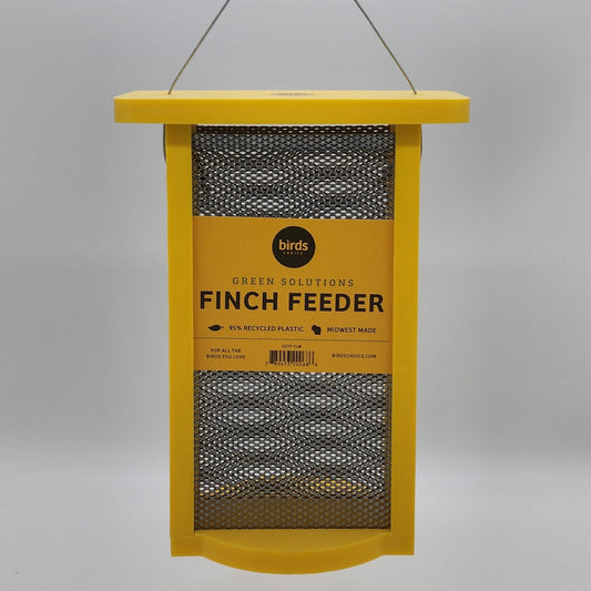 Yellow finch feeder with black mesh