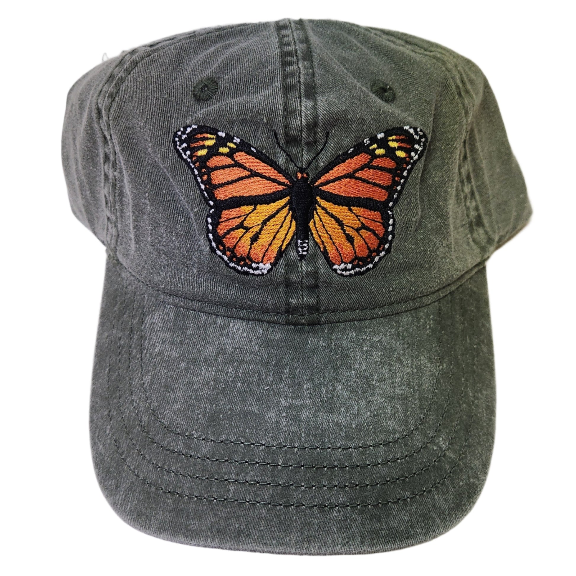 Green Baseball Cap with Monarch Butterfly