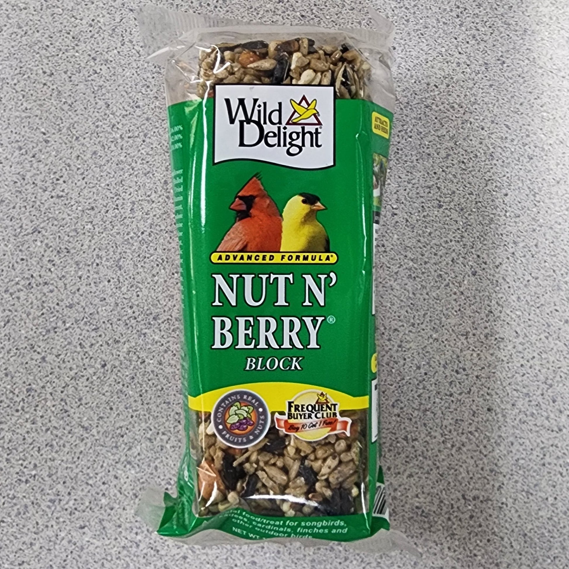 Bird seed block with Nut N' Berry on green label