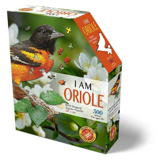 Jigsaw puzzle box featuring an oriole bird on a white background