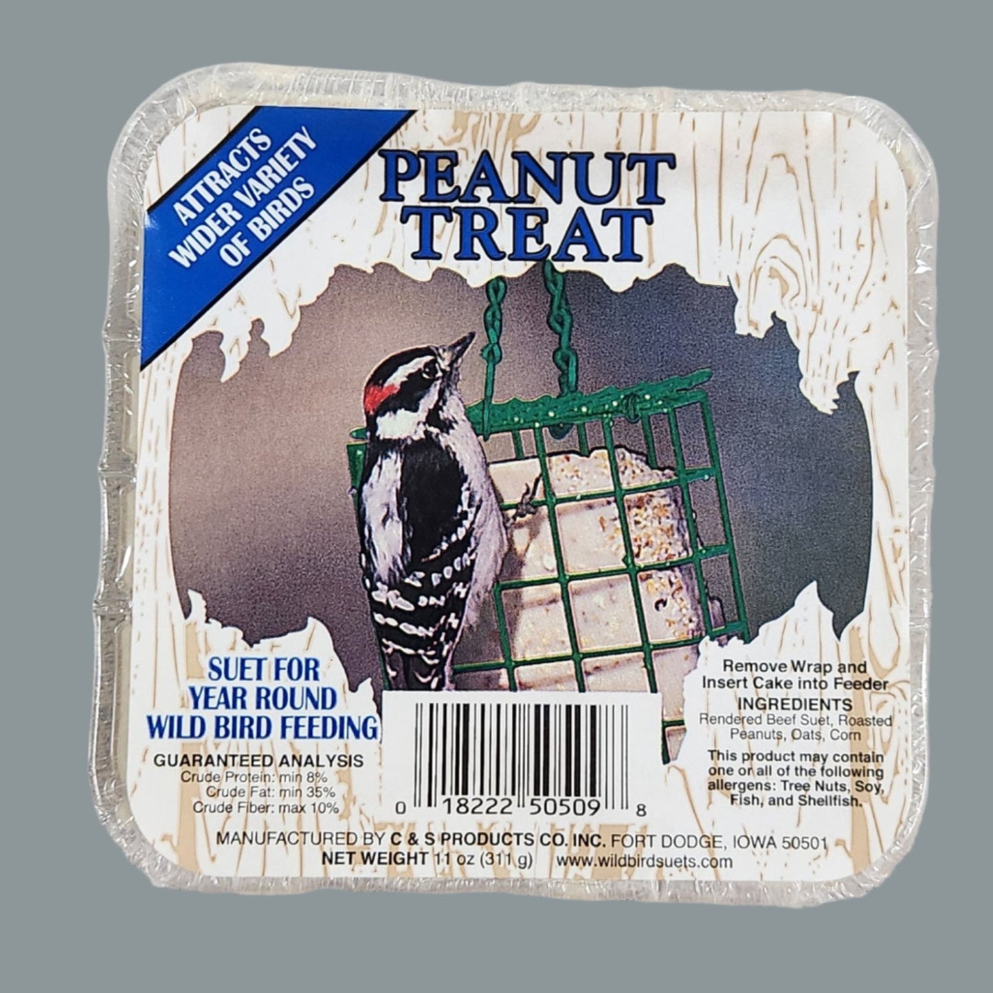 Peanut Treat Suet cake with downy woodpecker