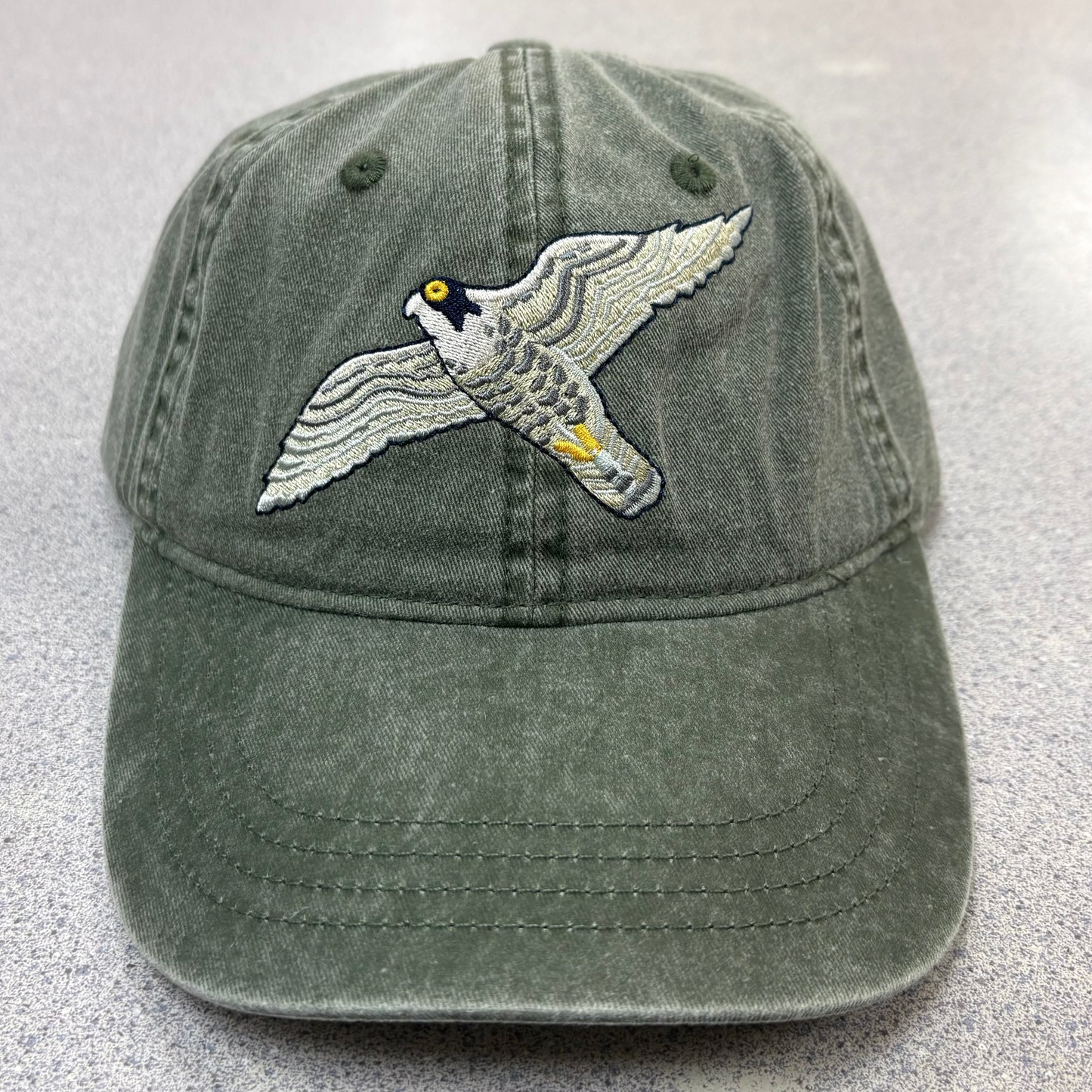 Green Ballcap with stitched Peregrine Falcon Flying