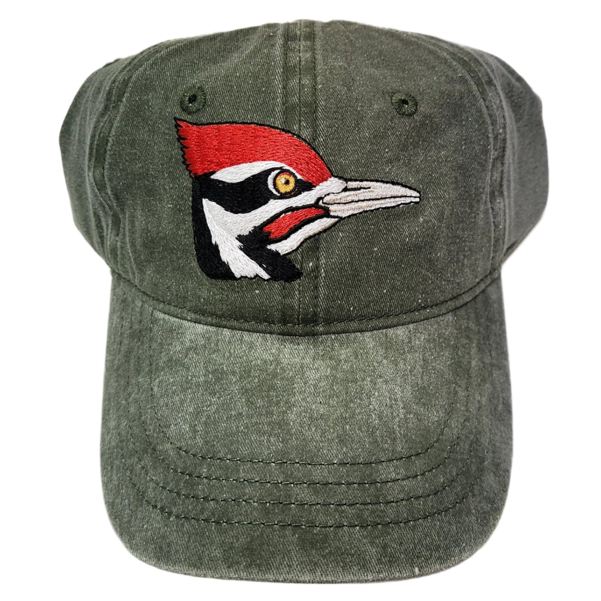 Green ball cap with stitched pileated woodpecker face