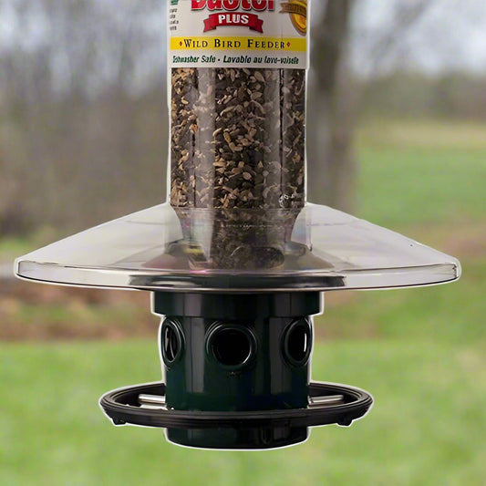 plastic weather shield on green bird feeder