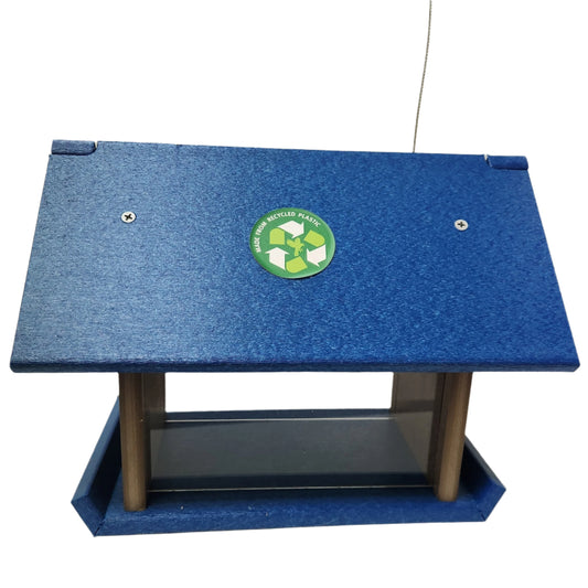 Blue and gray feeder with plexiglass sides