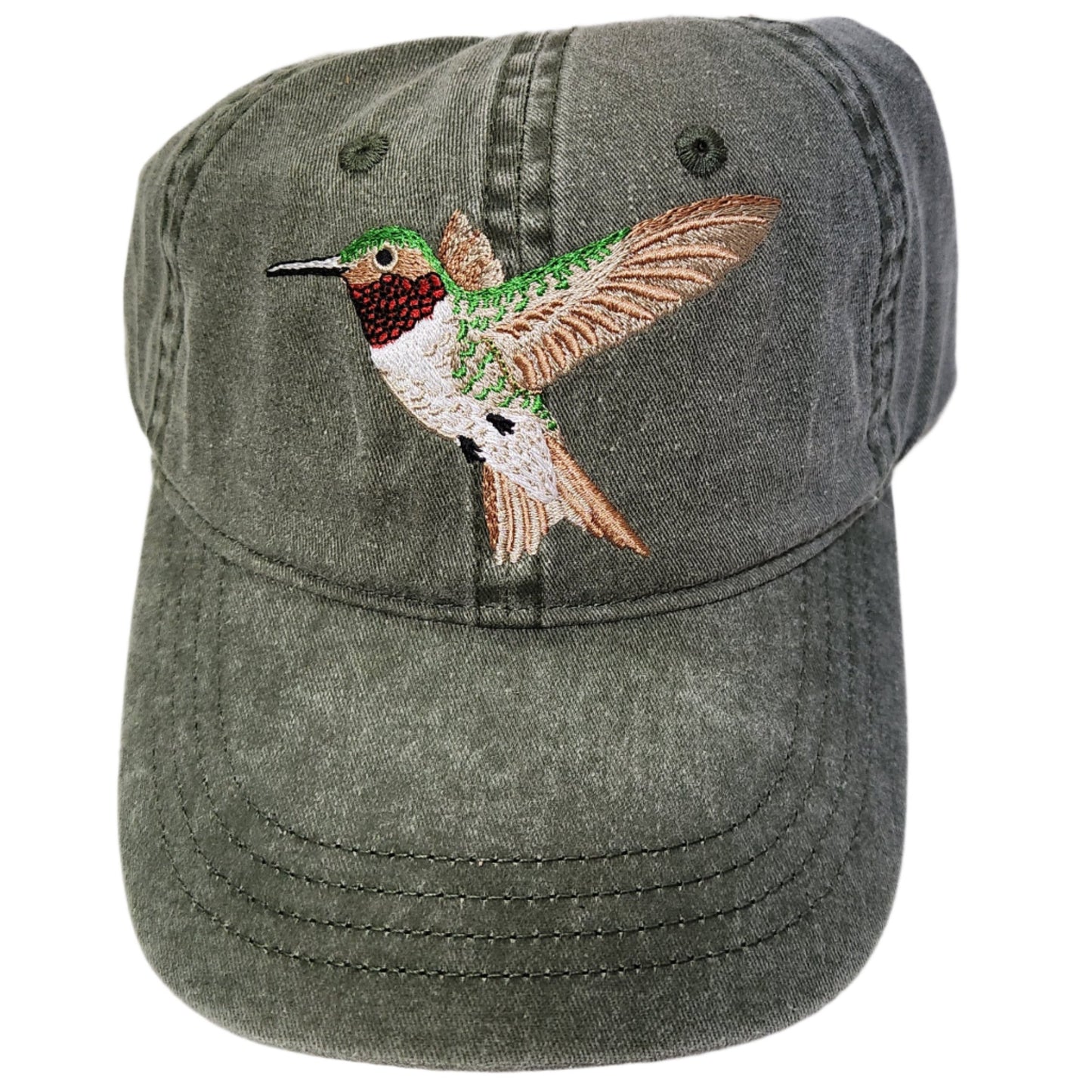 Green ball cap with stitched ruby-throated hummingbird