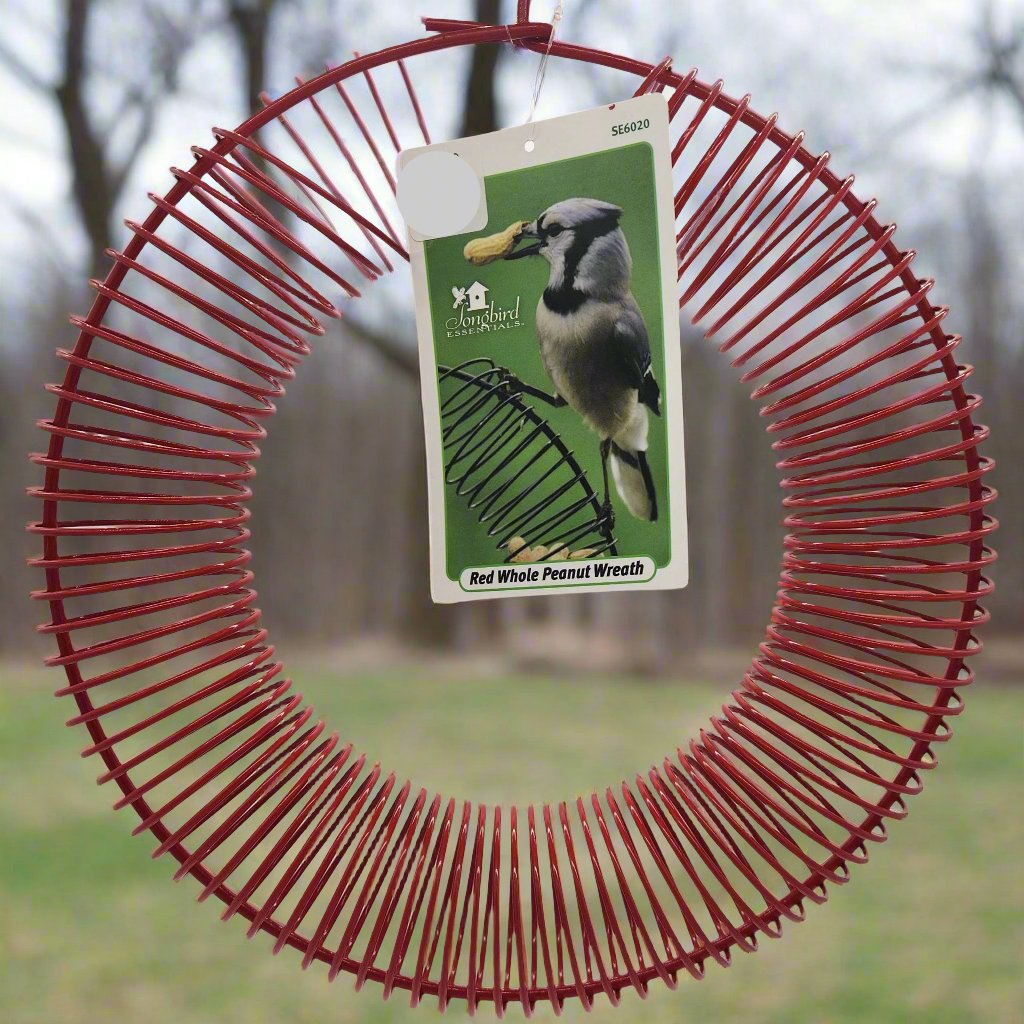 Red wire wreath shaped bird feeder