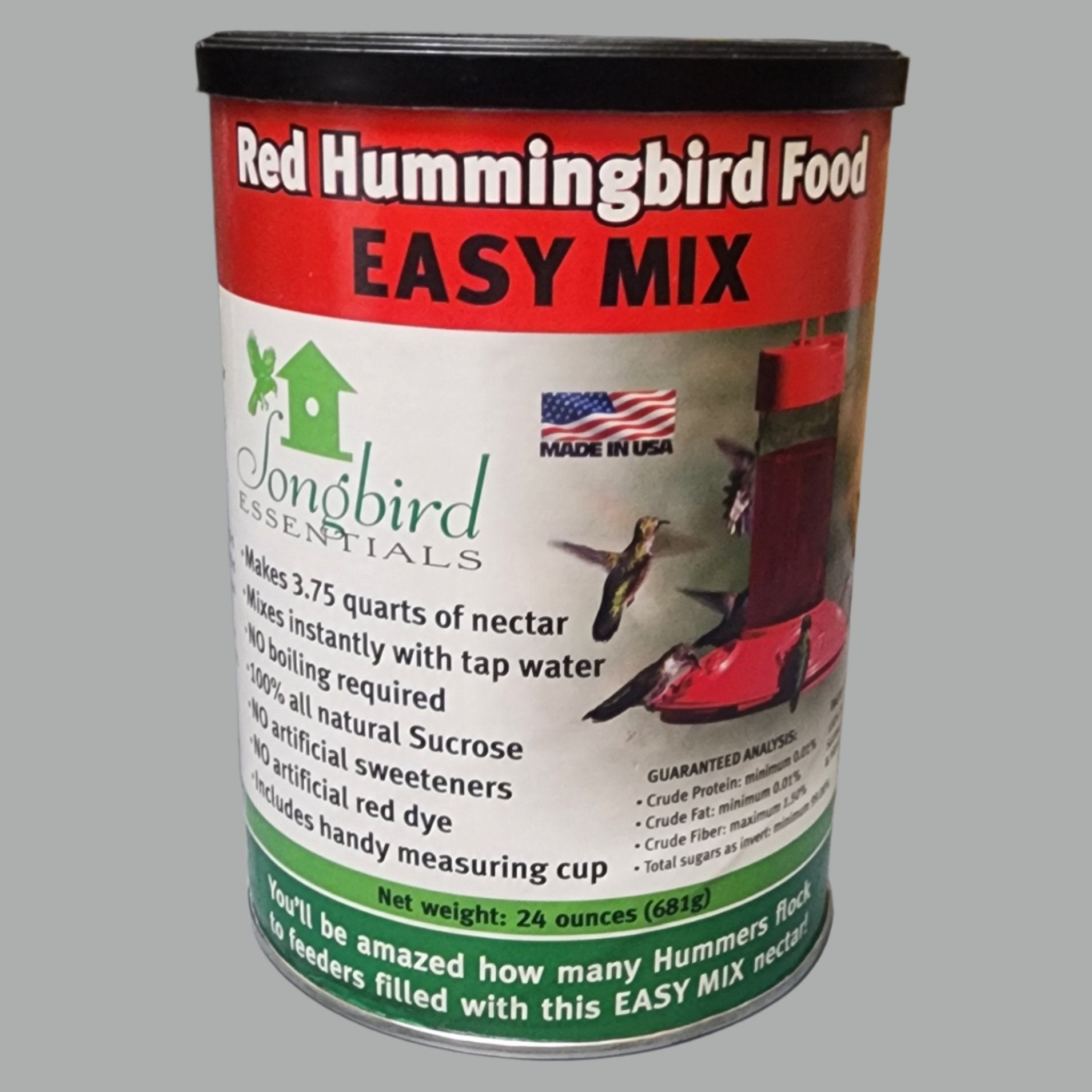 Red, white and green can with Red Hummingbird Food on label