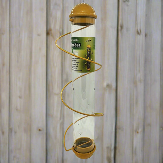 Clear tube feeder with yellow top, base and spiral perch