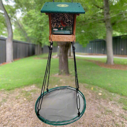 Green and brown feeder with green mesh seed hoop below