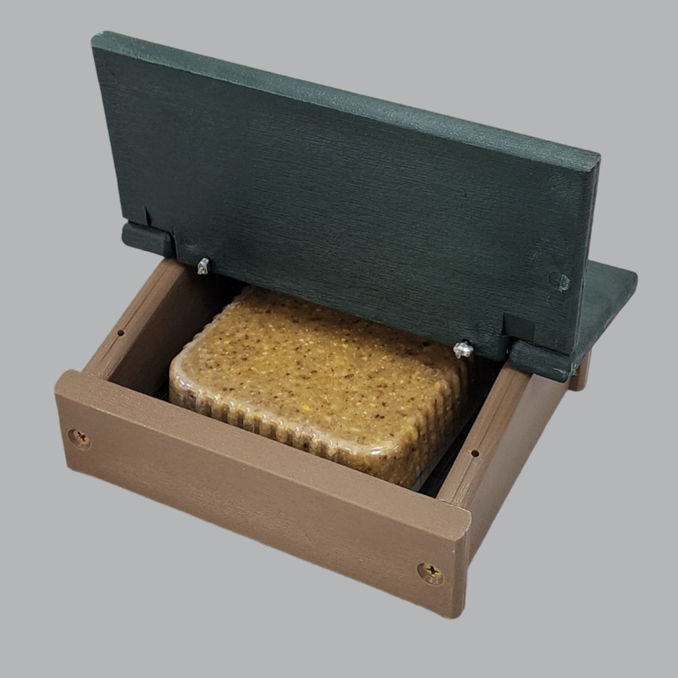 Open Green and tan square feeder with suet cake