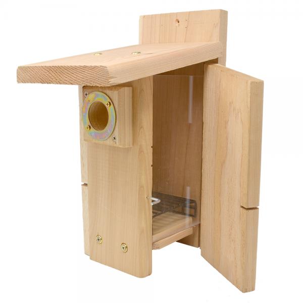 wooden nest box with right side door open