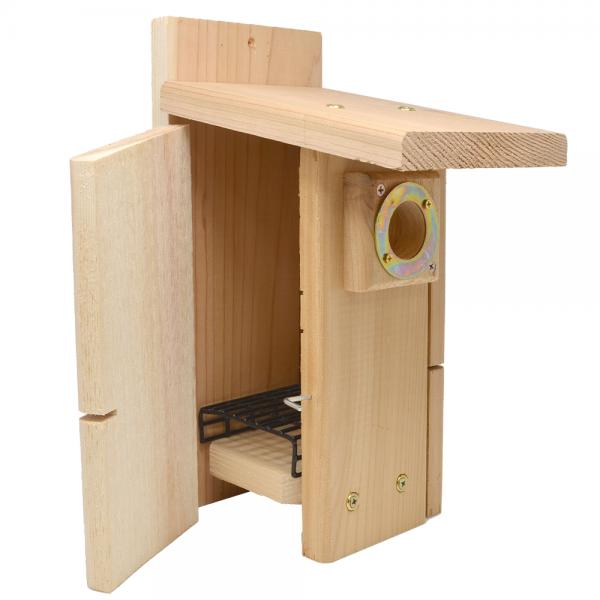 wooden nest box with left side door open