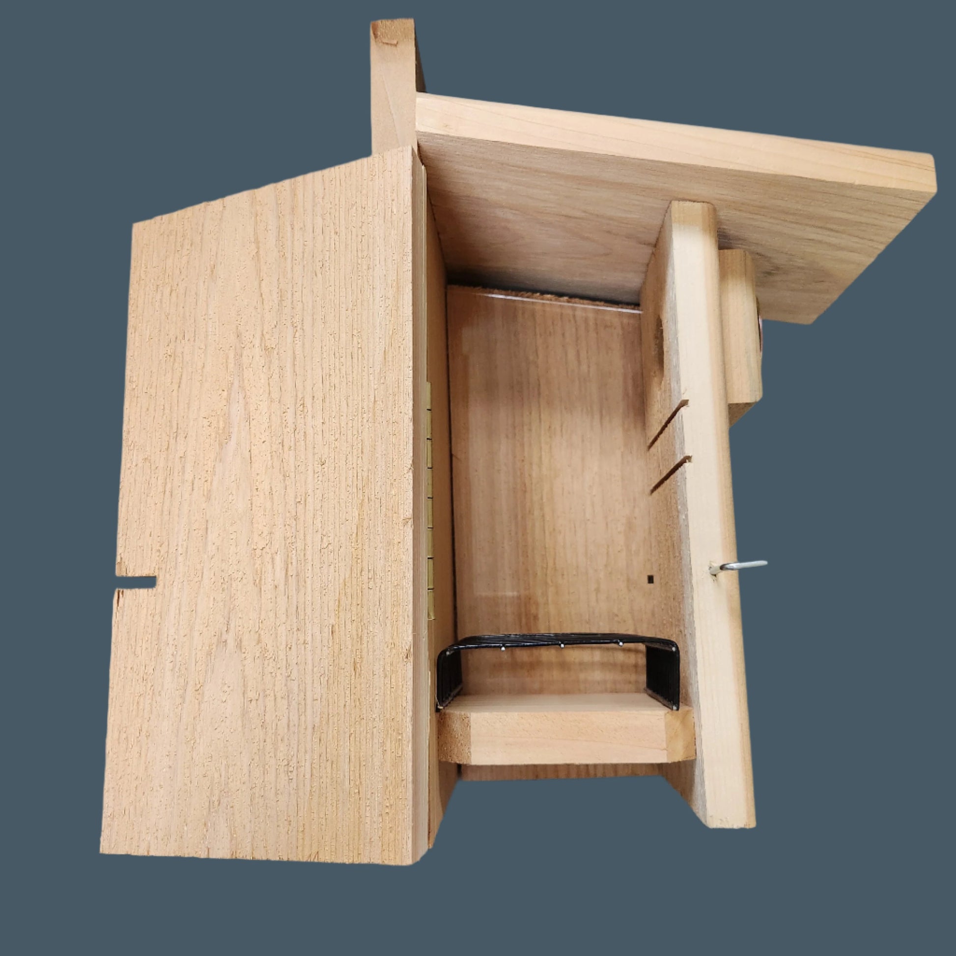 Wooden bird house with side door open