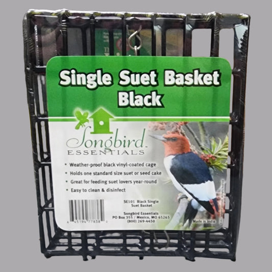 Coated black wire cage with Green and white label