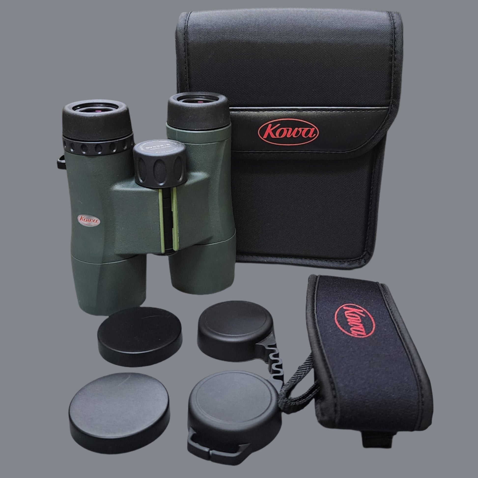 Green and black binoculars with black case, neck strap and eye cups