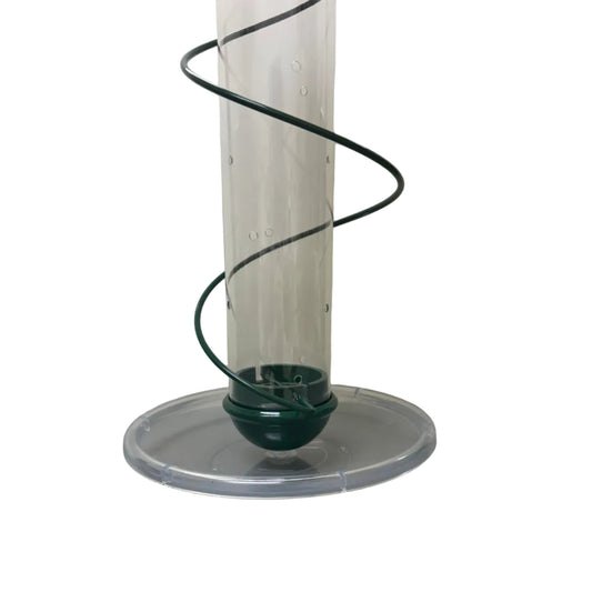 Clear plastic container with a green hose attached, on a white surface.