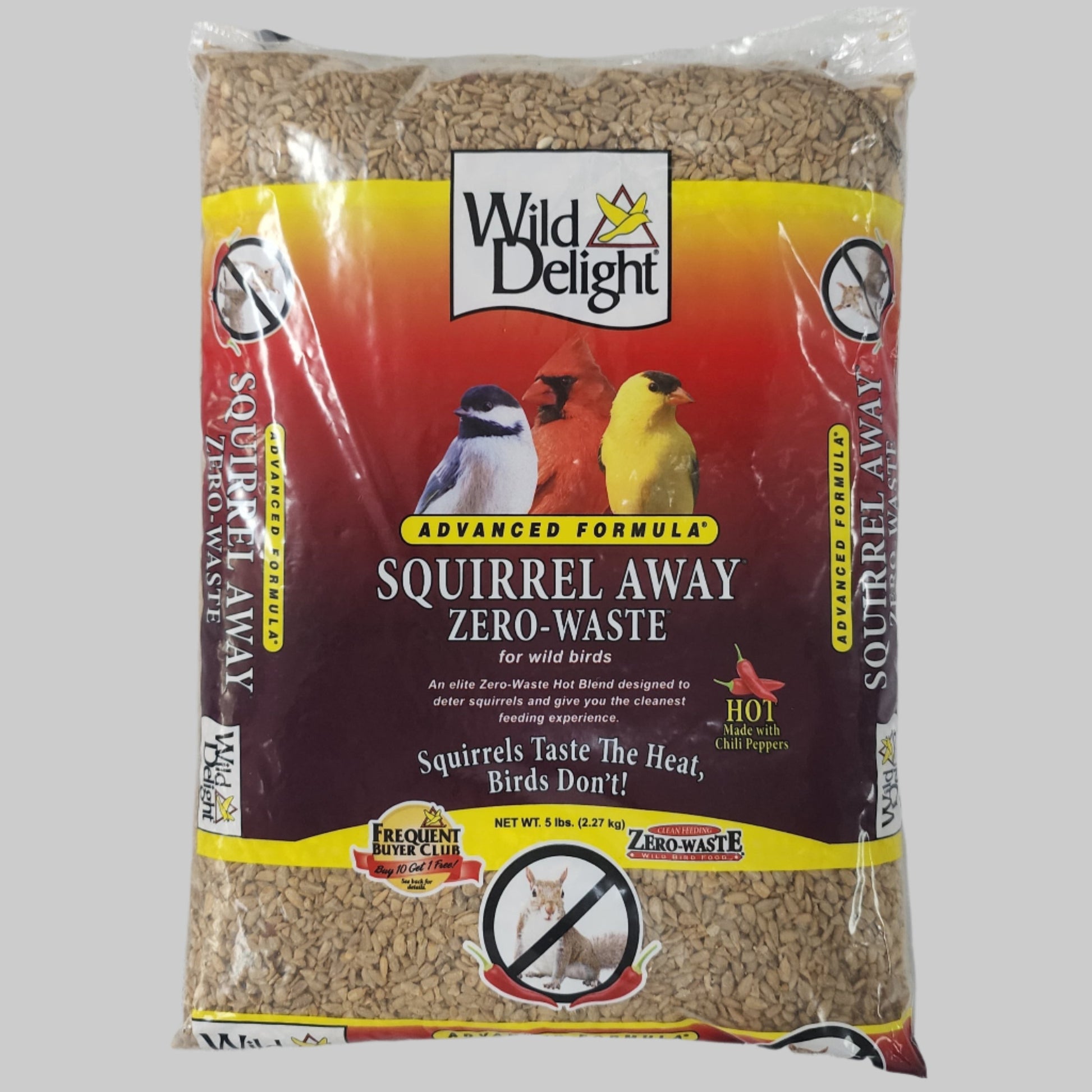 Bag of bird seed with Squirrel Away Zero-Waste on orange and yellow label