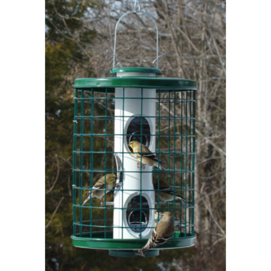 white bird feeder with green cage, roof and base with 3 goldfinches