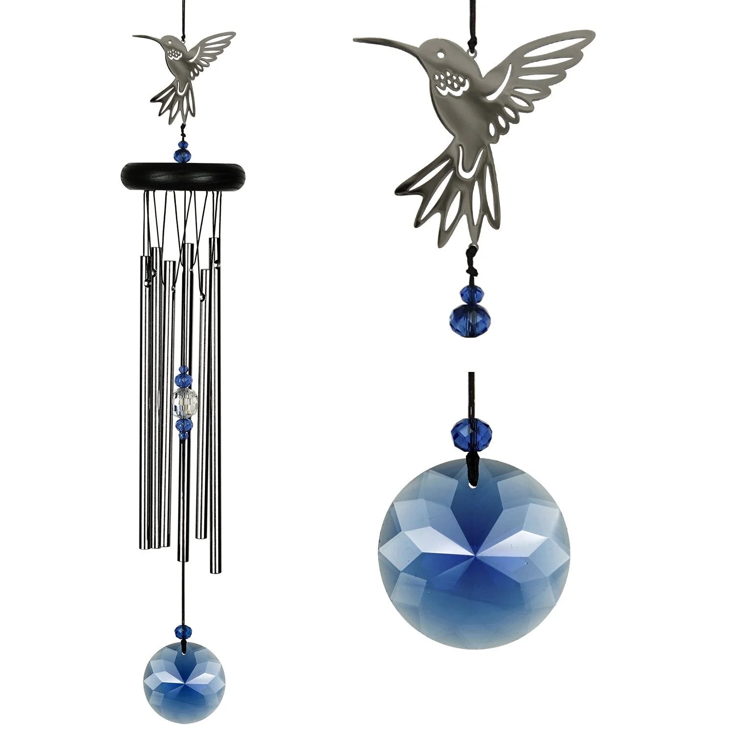 Silver wind chime with blue crystal paddle and silver hummingbird topper