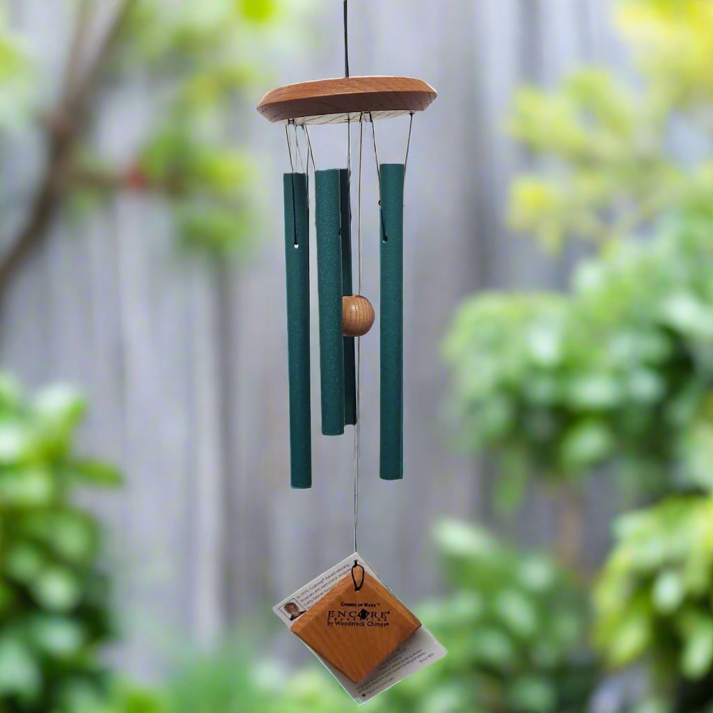 wind chime with 5 green tubes and wooden top and paddle