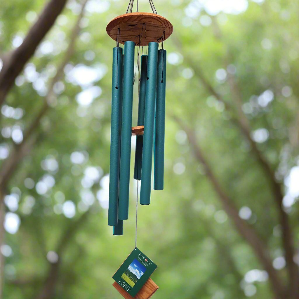 wind chime with green tubes and wood top and paddle