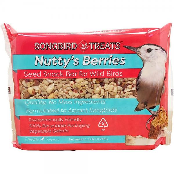 Nutty's Berries seed block with White-breasted Nuthatch on pink bag