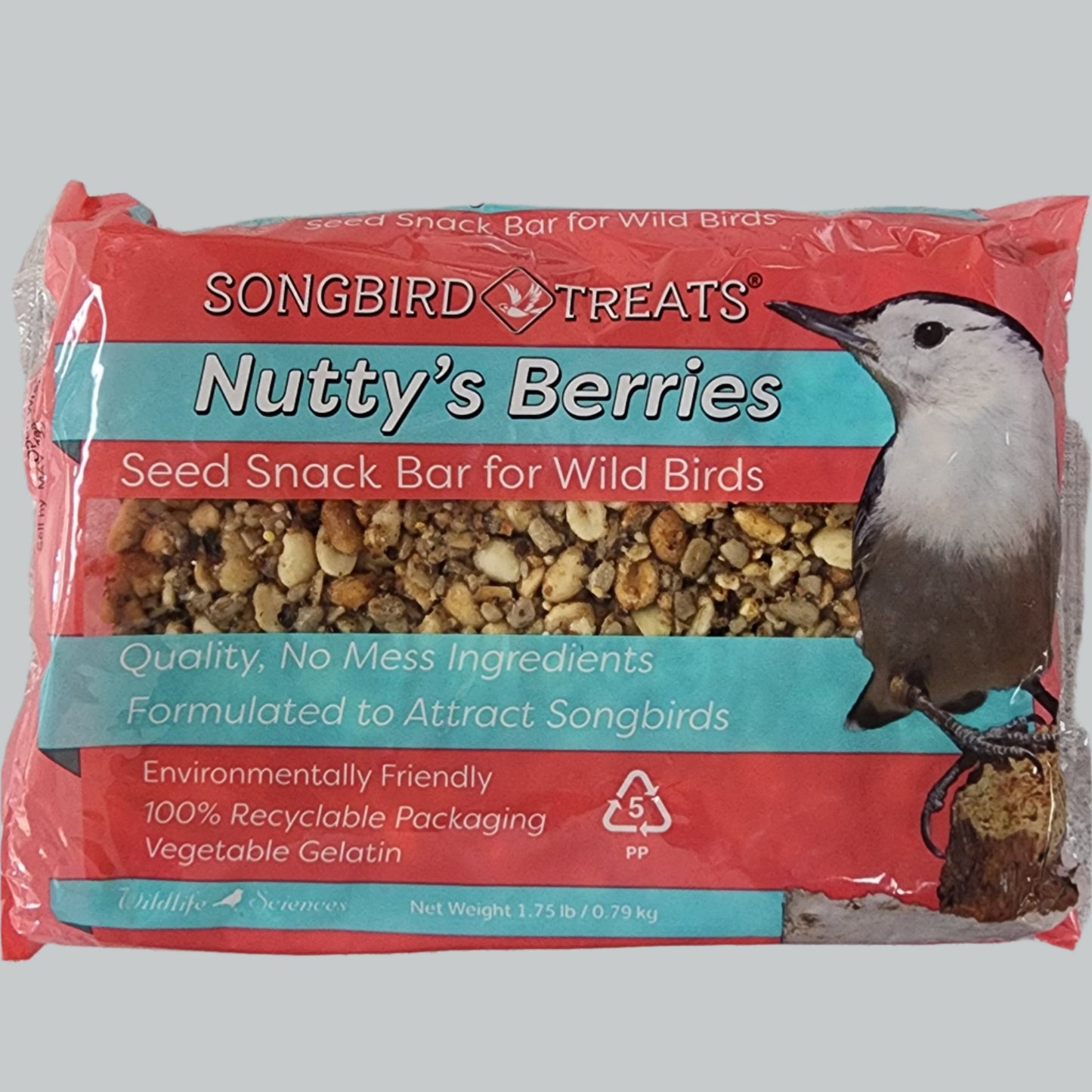 Nutty's Berries seed block with White-breasted Nuthatch on pink bag