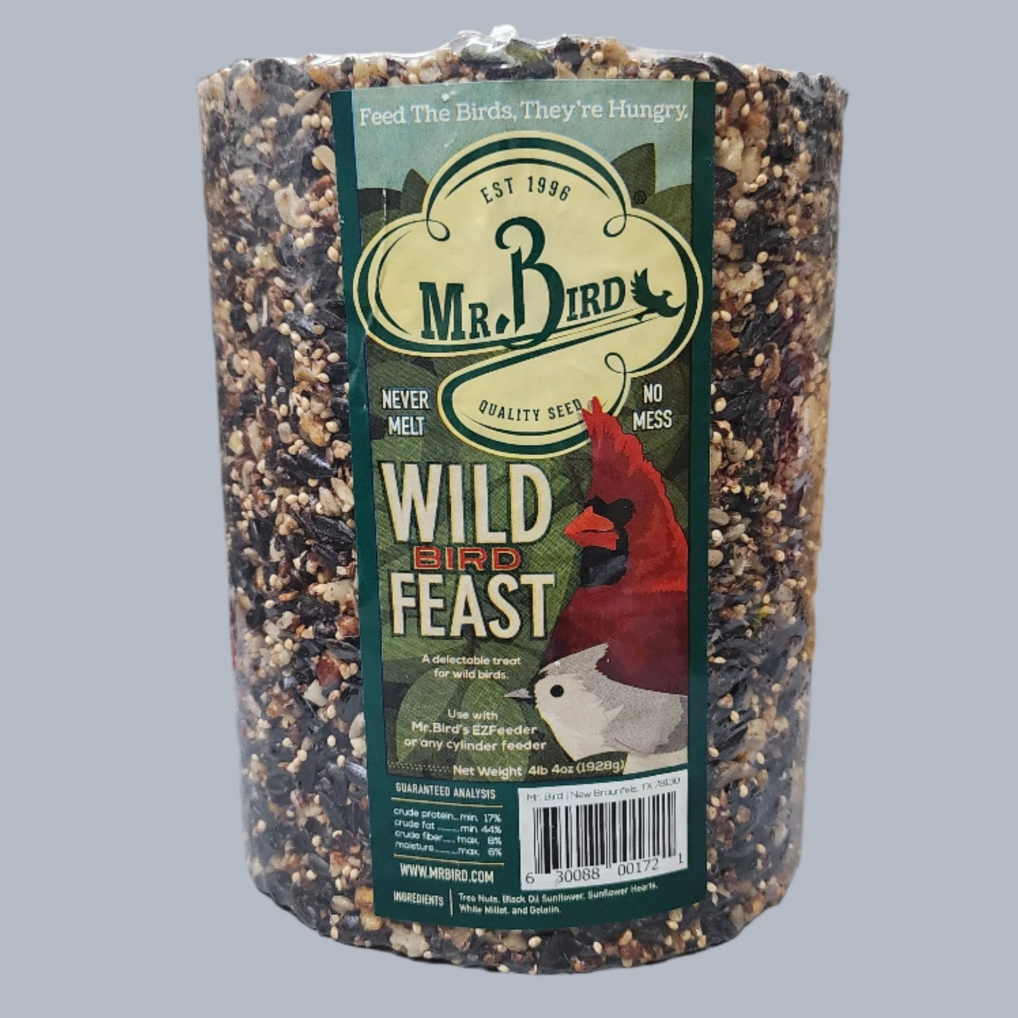 Wild Bird Feast label on bird seed cylinder