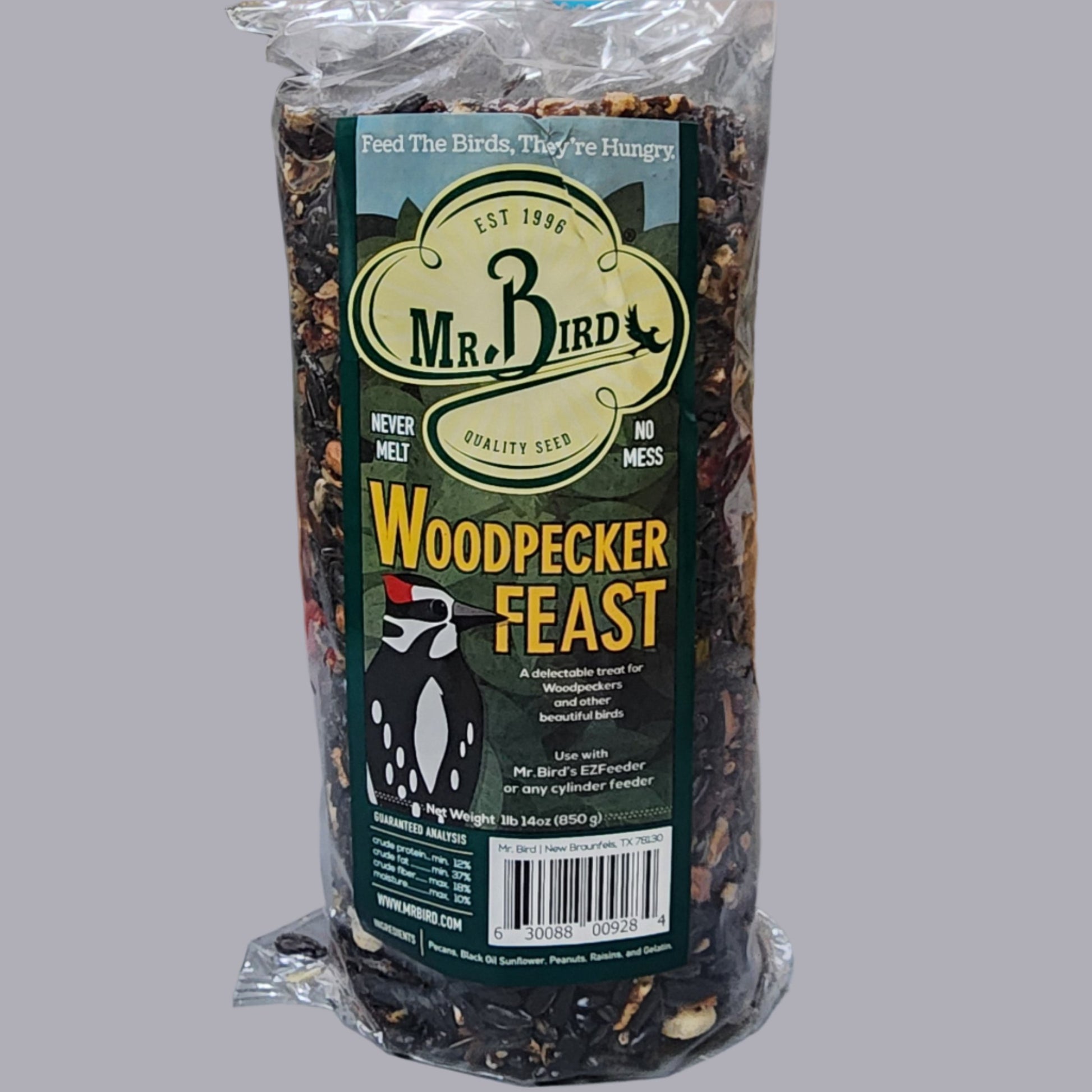 Cylinder of bird seed with Woodpecker Feast on label