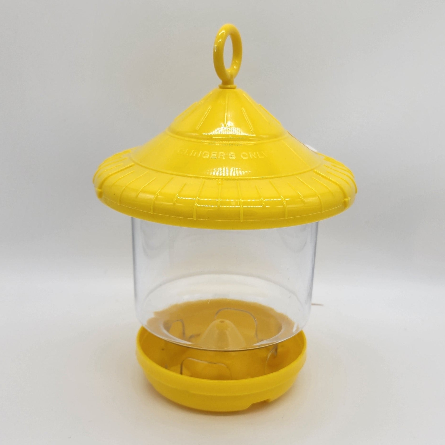 Yellow plastic top, base and hanging loop with clear hopper