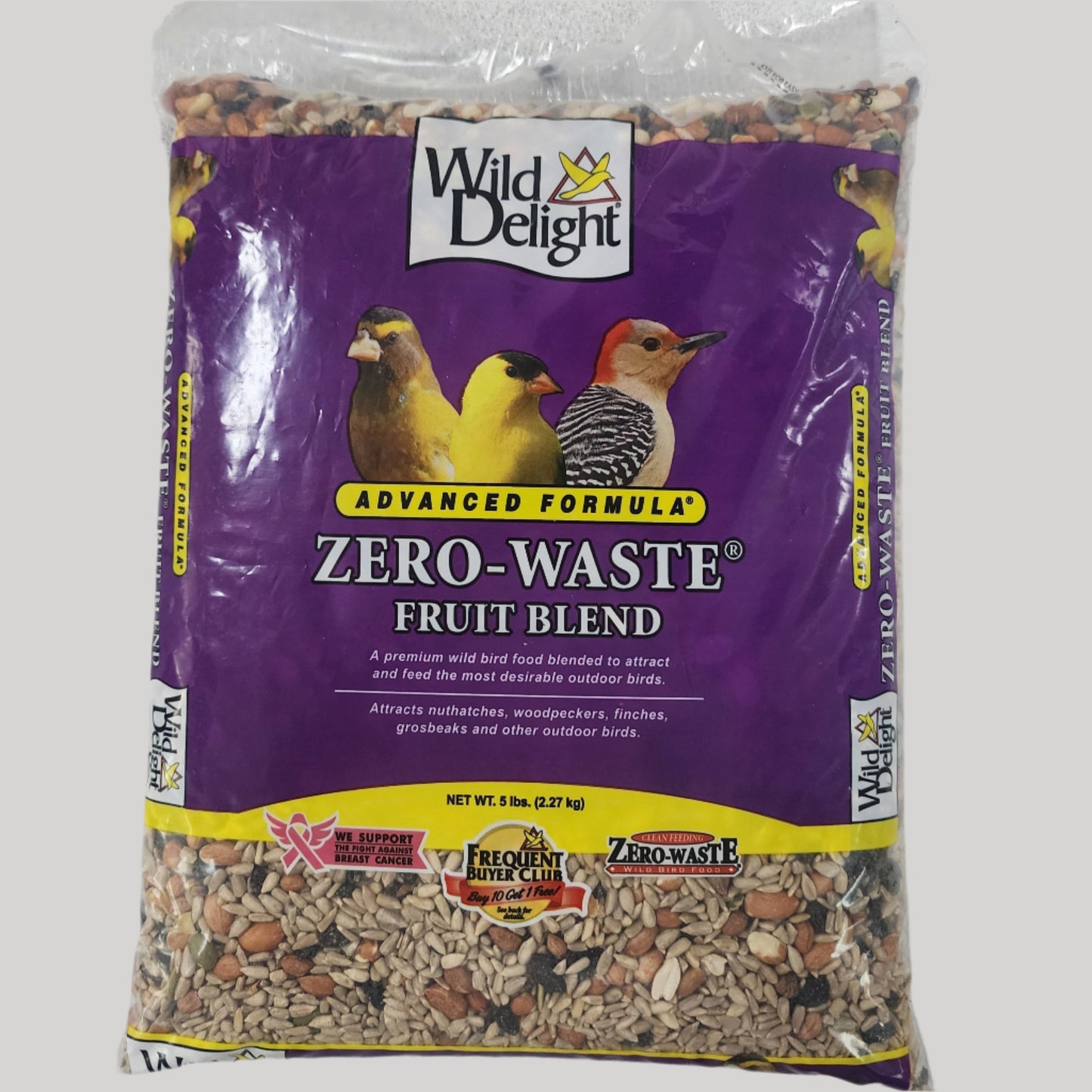 Bag of Bird seed with Zero-Waste Fruit Blend on purple and yellow bag