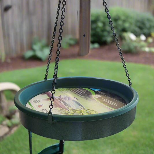 Green bird bath with black chains